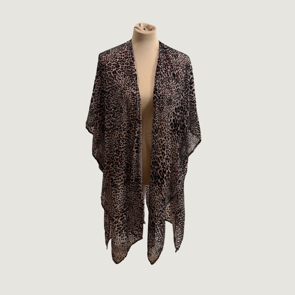 Leopard Print Kimono Burnout Velvet Duster One Size Brown Bohemian Fall Layering